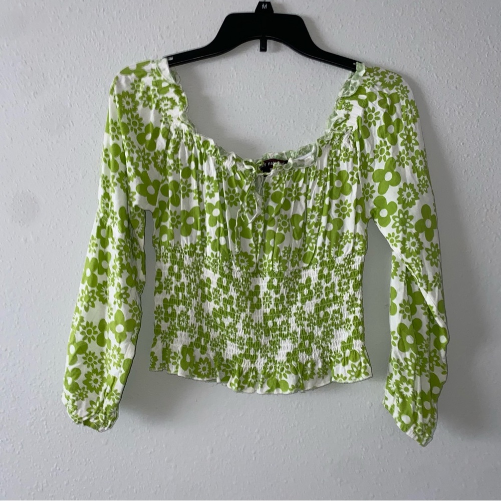 Almost Famous Green and white Floral boho crop top retro blouse- small